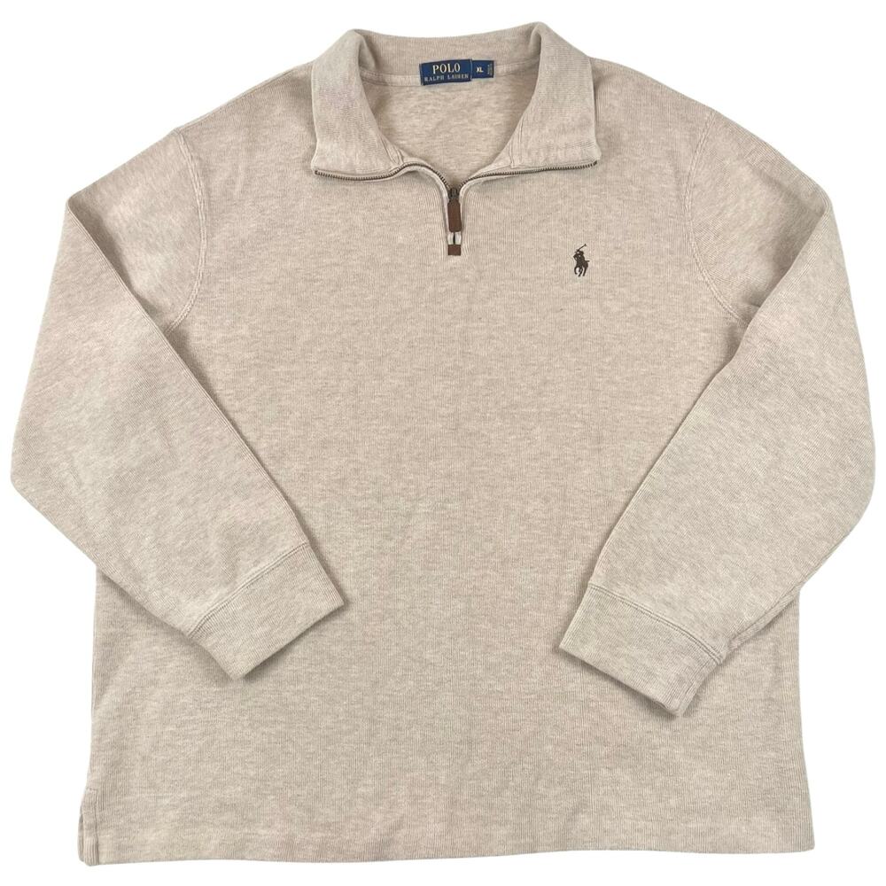 Polo Ralph Lauren Quarter Zip Pullover Sweater Beige Cotton Classic Logo - XL